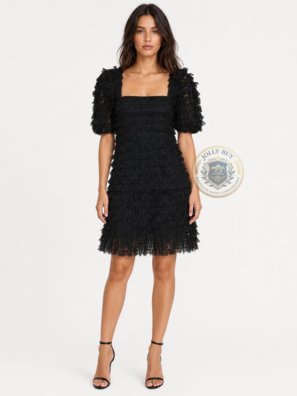 Zara Women’s Dress Puff Sleeves Textured Fringe Detailing Black Size S NEW - Picture 1 of 5